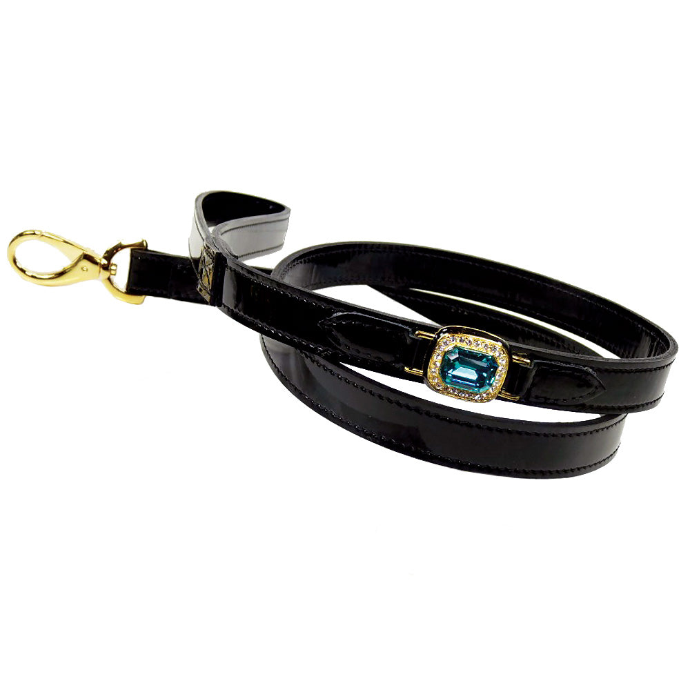 Octagon Dog Leash in Black Patent, Indian Sapphire & Gold